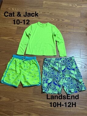 Lands' End Boys' Neon Lime and Blue Paisley Swim Trunks Set